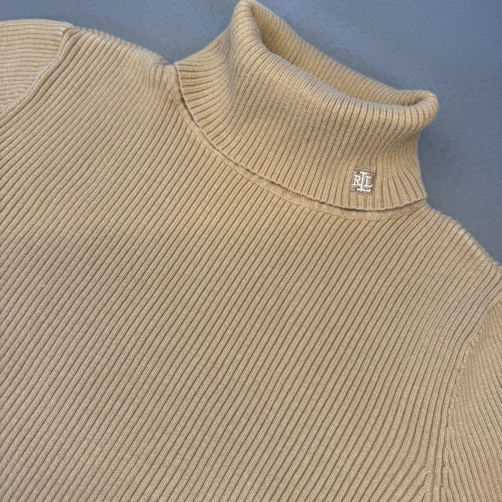 Lauren Ralph Lauren XL Camel Ribbed Turtleneck Sweater 100% Cotton Tan M Cut Tag